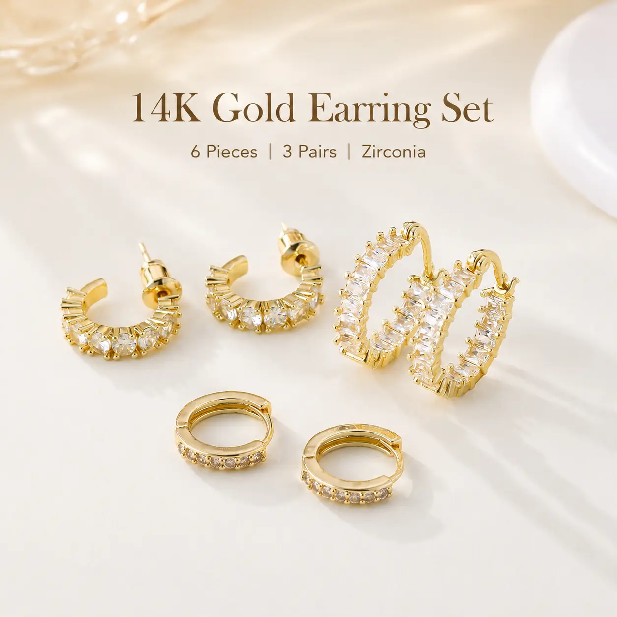14K Gold Earrings Set for Women, Cubic Zirconia Hoop Earrings 6 Pairs, Elegant Gold Stud Earrings Jewelry Gift