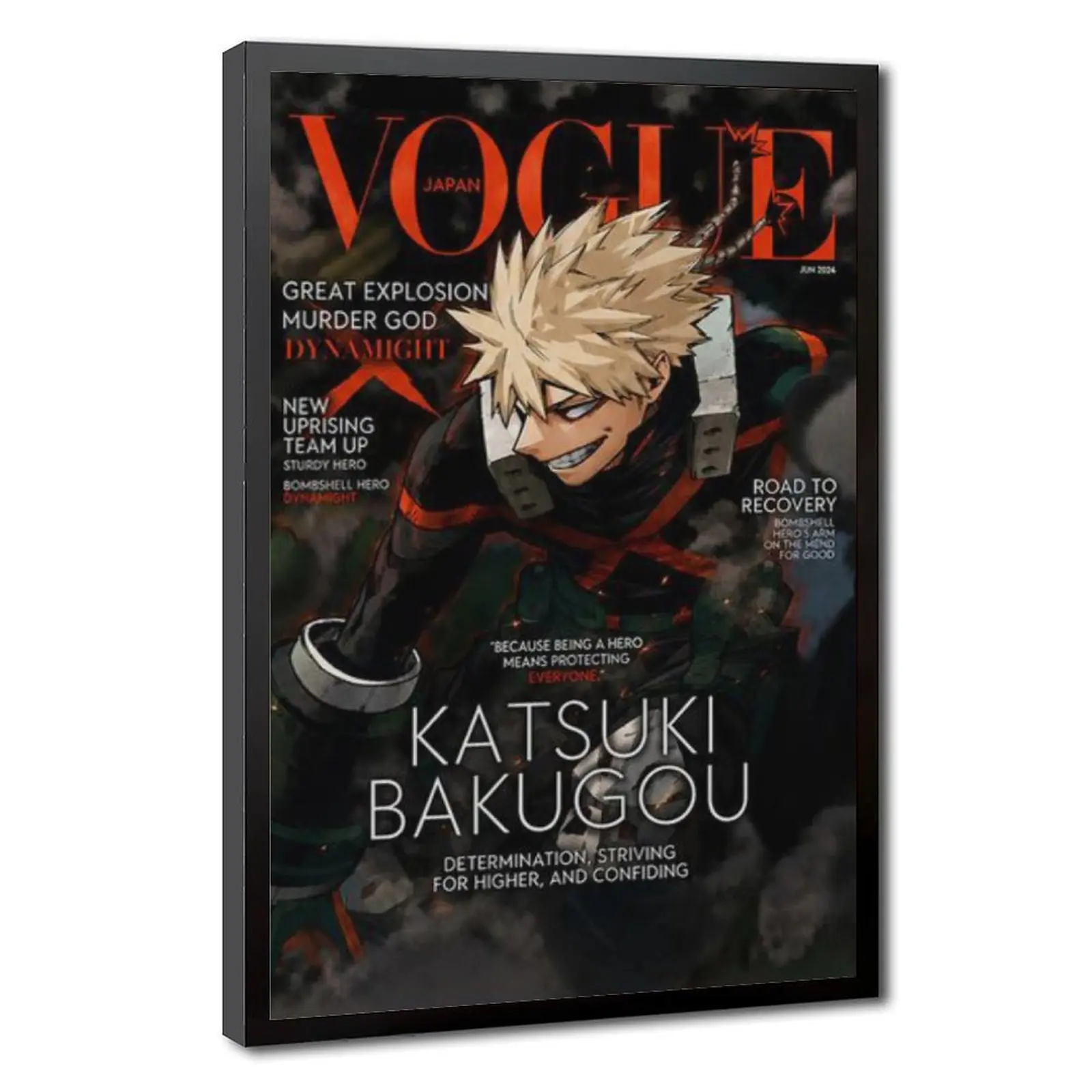 Katsuki Bakugo Vogue Cover Canvas Home Wall Art for Adult Fans, Mid-Century Modern Black Flash Manga Wall, Y2K Y3K Aesthetic 1980s Retro Cinematic Poster, Anime Fashion Magazine Print for Trendy Girls