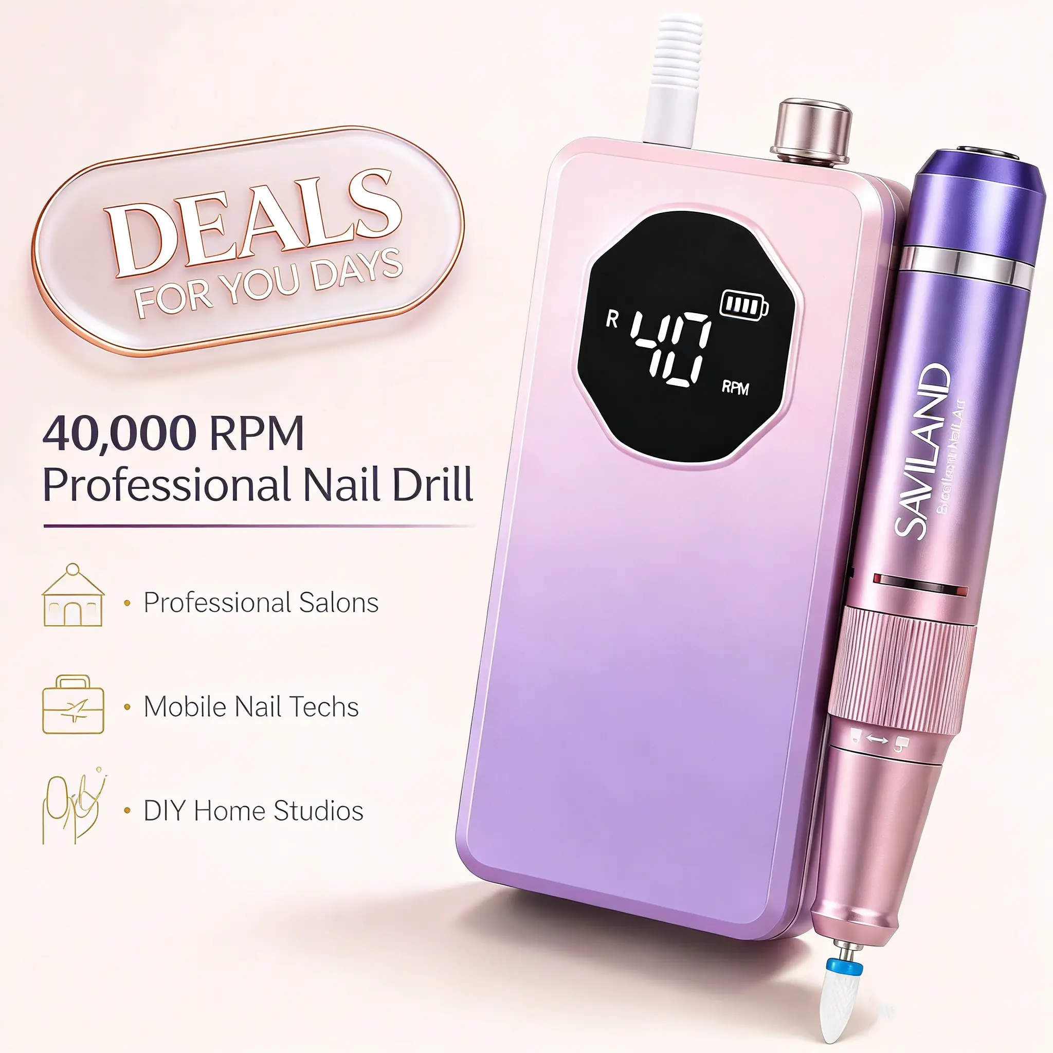 SAVILAND 2026 Professional Nail Drill, 40000RPM Electric File for Acrylics – 30S Fast Removal, Low Noise, Rechargeable, Long-Lasting Battery for Manicure, Pedicure, Tech & Salon Use