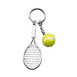 Tennis Racket & Ball Keychain Key Ring Fob Holder Silver Racket with Green Ball