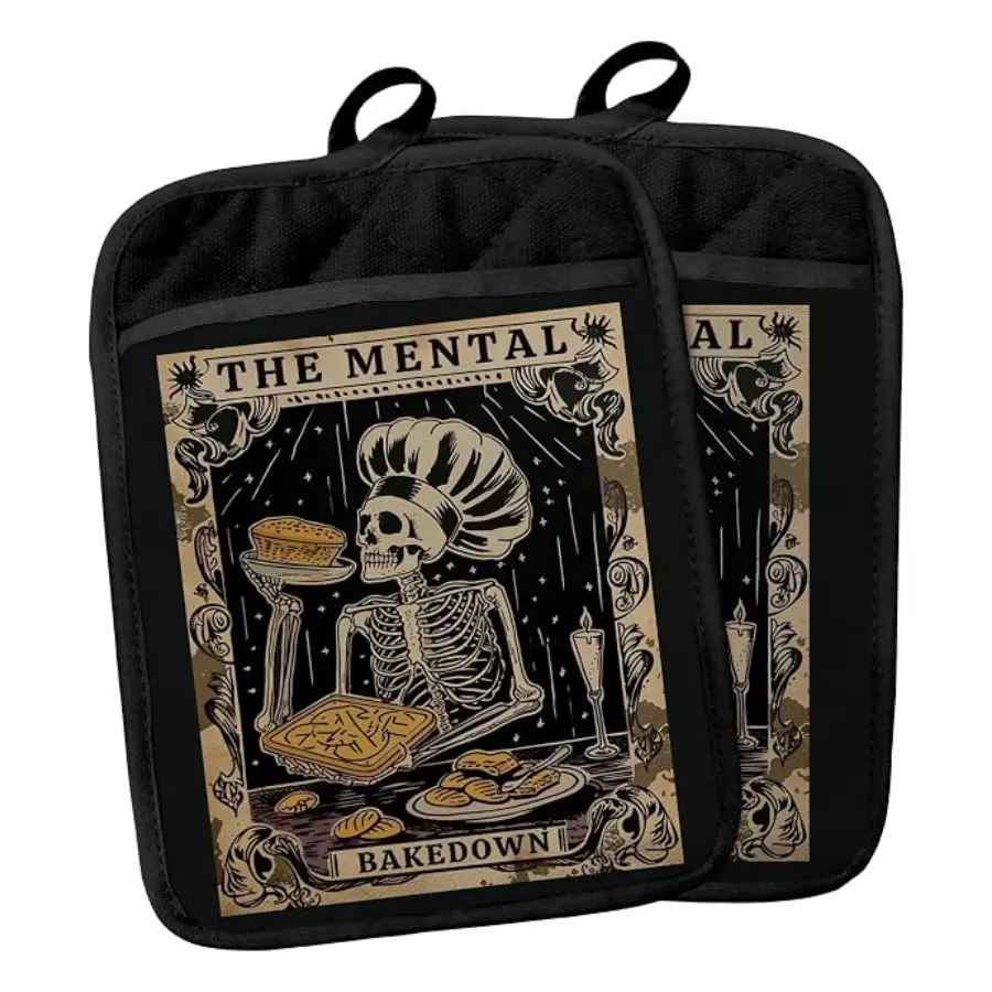 Gothic Skeleton Pot Holders with Pockets – Heat Resistant Oven Mitts for Kitchen Baking & Cooking