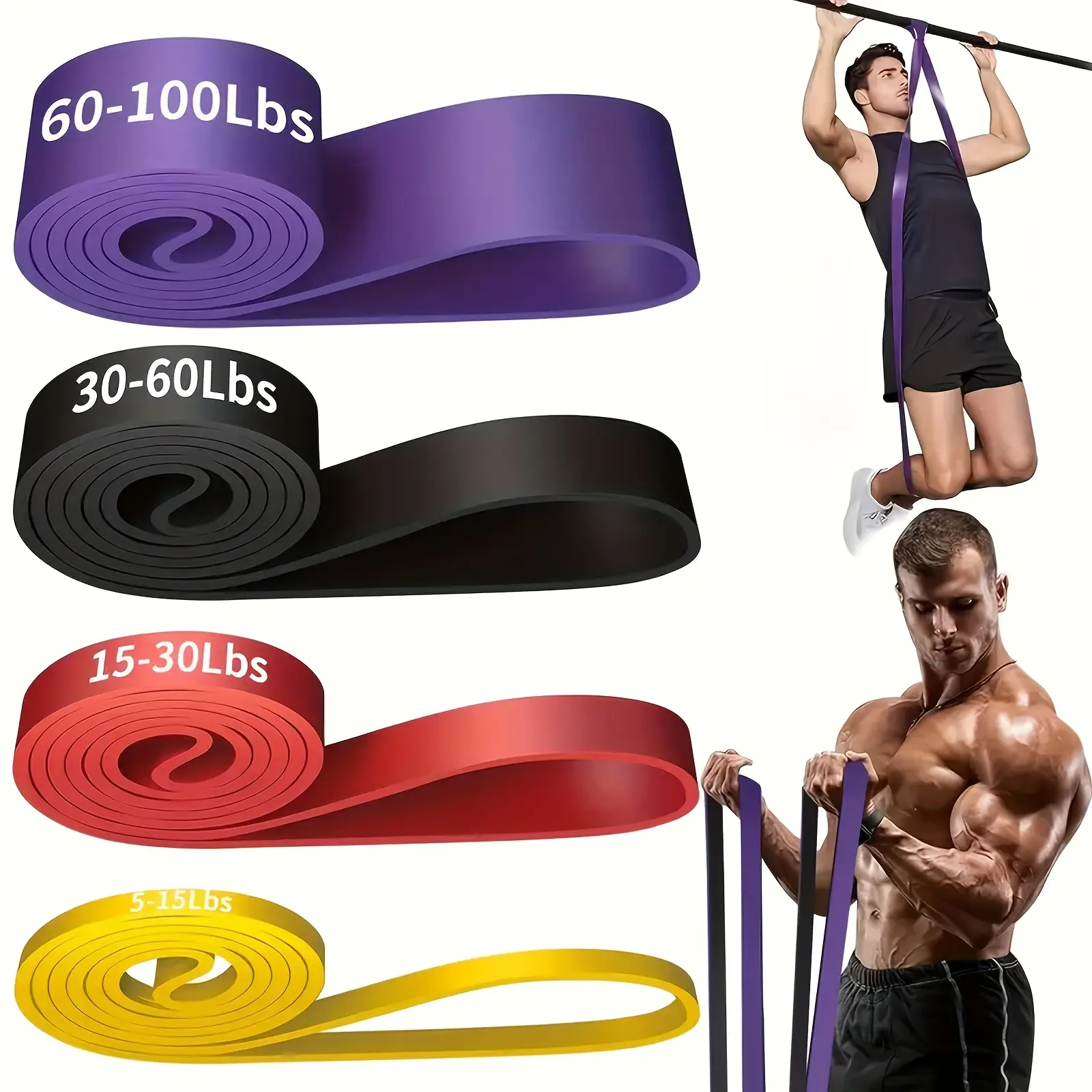 DRASPOTEE 4-Piece Fitness Bands Set, Adjustable Durable Elastic Bands with Elastic Stretch, 5-100 Lbs Tension for Squats & Strength Training, Body Shaping Aid, Yellow/Black/Purple (Home Supplies Washing Lines Accessory), Adjustable Elastic Band summerwins