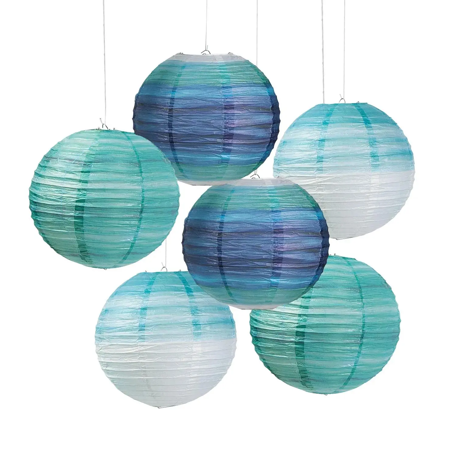 Reusable Round Shape 12" Coastal Hanging Paper Lanterns - 6 Pc. for Baby Shower, Birthday, Party Decor Reusable Round Shape 12" Coastal Hanging Paper Lanterns - 6 Pc. for Baby Shower, Birthday, Party Decor