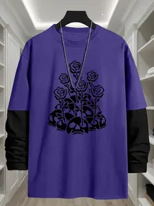 Gothic Skull Flower Halloween Geometric Element Loose Fit Long Sleeve Round Neck T-Shirt, Fashion Street Casual Style, Comfortable Trendy Top Gift Streetwear