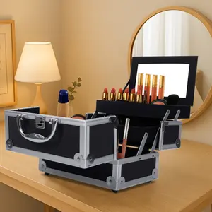 Aluminum Makeup Train Case Jewelry Box Cosmetic Organizer with Mirror, Pink/Black/Silver