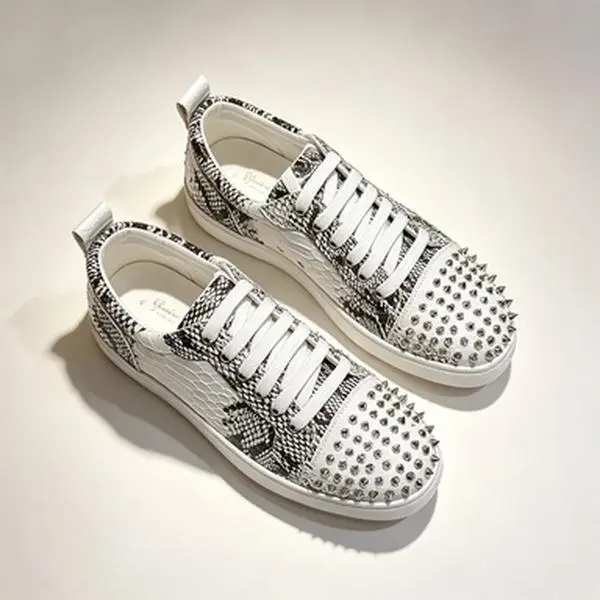 Snake Python Print Studded Low Top Sneakers, Lace Up Flat Casual Shoes for Men Women Streetwear