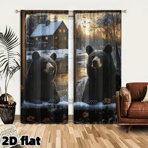2D Flat 2Pcs Bear Winter Cabin Curtains, Rustic Wildlife Nature Scene, Black Bears Snow Forest Window Panels, Woodland Decor, Country Style Printed Curtain, Light Filtering Polyester, Living Room Bedroom Home Decoration, Treatment