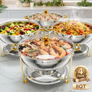 WARMOUNTS 8QT Gold Chafing Dishes for Buffet with Glass Lid , Round Chafers and Buffet Warmers Set with Mirror-Polished Stainless Steel, Rolled Rim, Stackable, Lid Holder for Parties, Weddings, Easter, Gatherings (2/4 Pack）