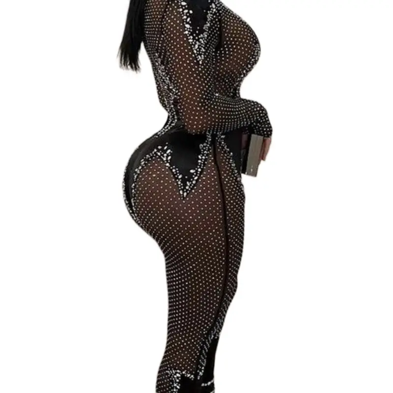 Women's Clothing Elegant Rhinestone Mesh Jumpsuit, Asymmetrical Sleeve Skinny for Party & Club, Women's Clothing Fabric Fit