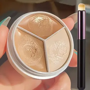Concealer and Concealer Brush Set 3-Color Y Concealer Palette- Waterproof, Long-lasting Coverage for Marks, Redness, and Dark Circles- Beauty Makeup Tool