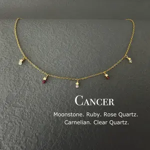Dainty Cancer Crystal Necklace, Zodiac Star Choker, Birthday Gift For Her, Moonstone, Ruby, Rose Quartz, Carnelian, Clear Quartz, Astrology