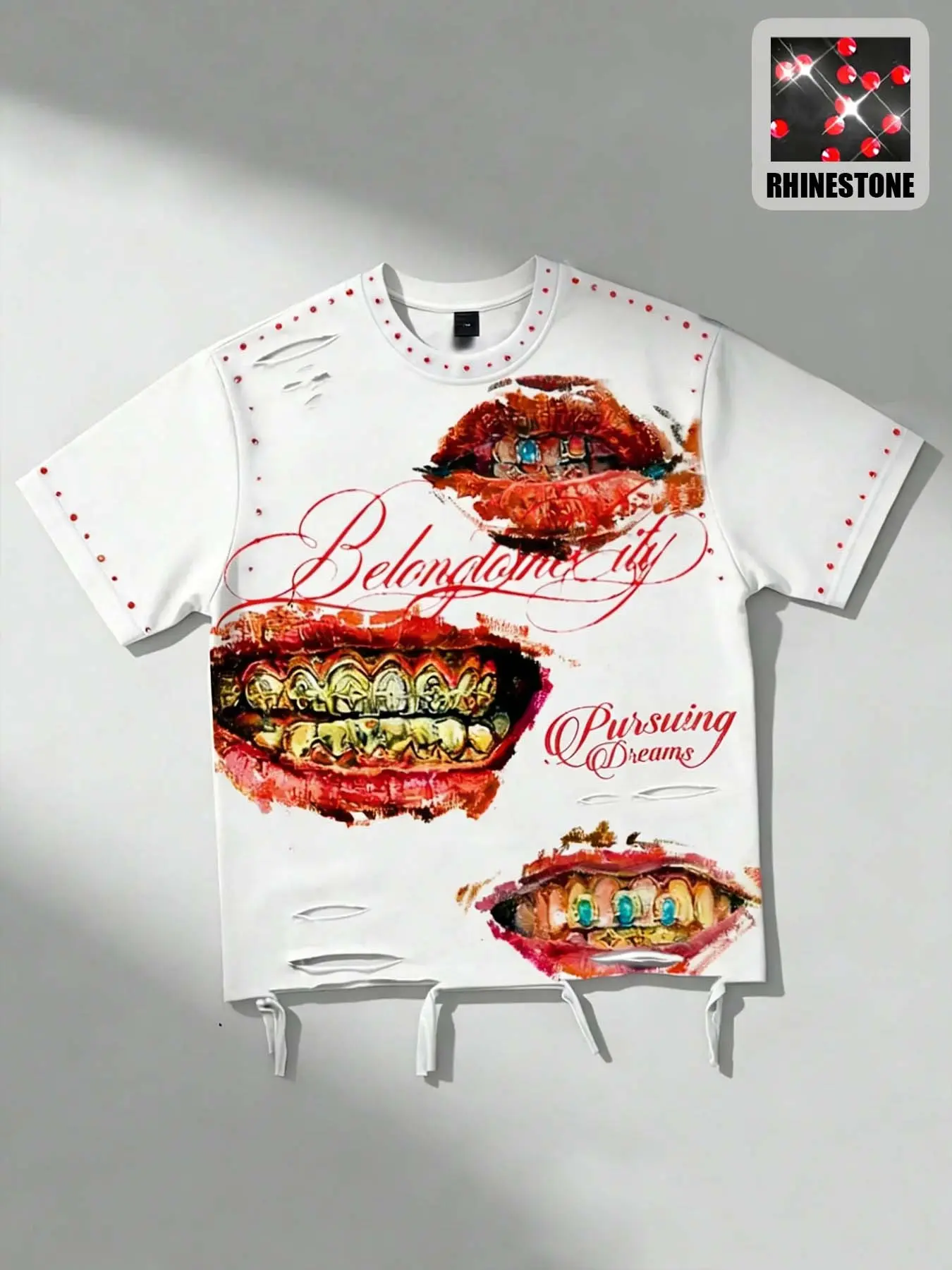 Water Drill Ripped Short Sleeve T-Shirt, hot Lip Print Summer Tee, Cotton Breathable European Street Fashion Aesthetics, Y2K Style Casual Student Top, Streetwear