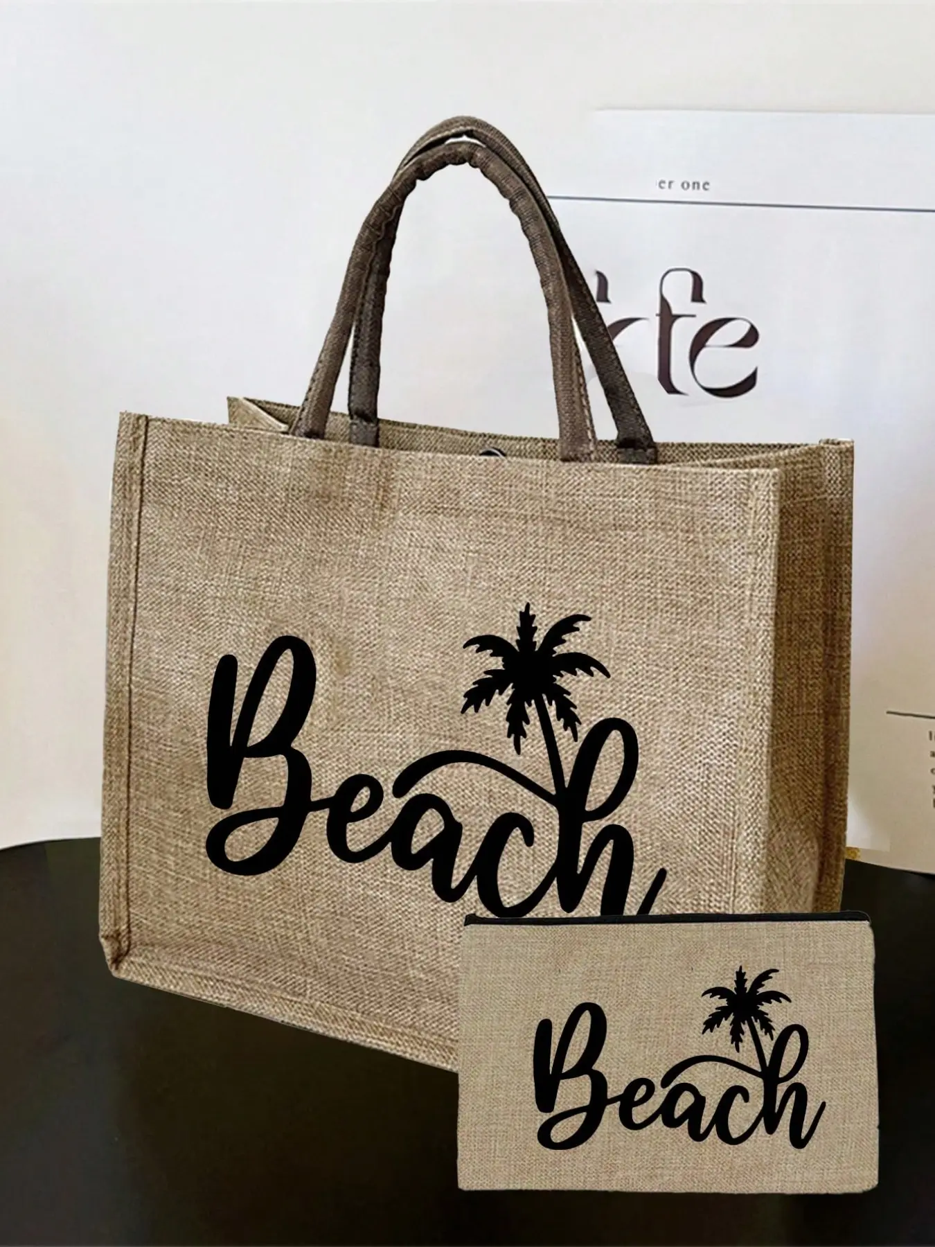 Linen Handbag with Coconut Tree Pattern, Personalized Wedding Gift Bag, Travel Storage Bag, Beach Bag, Large Capacity Cosmetic Bag