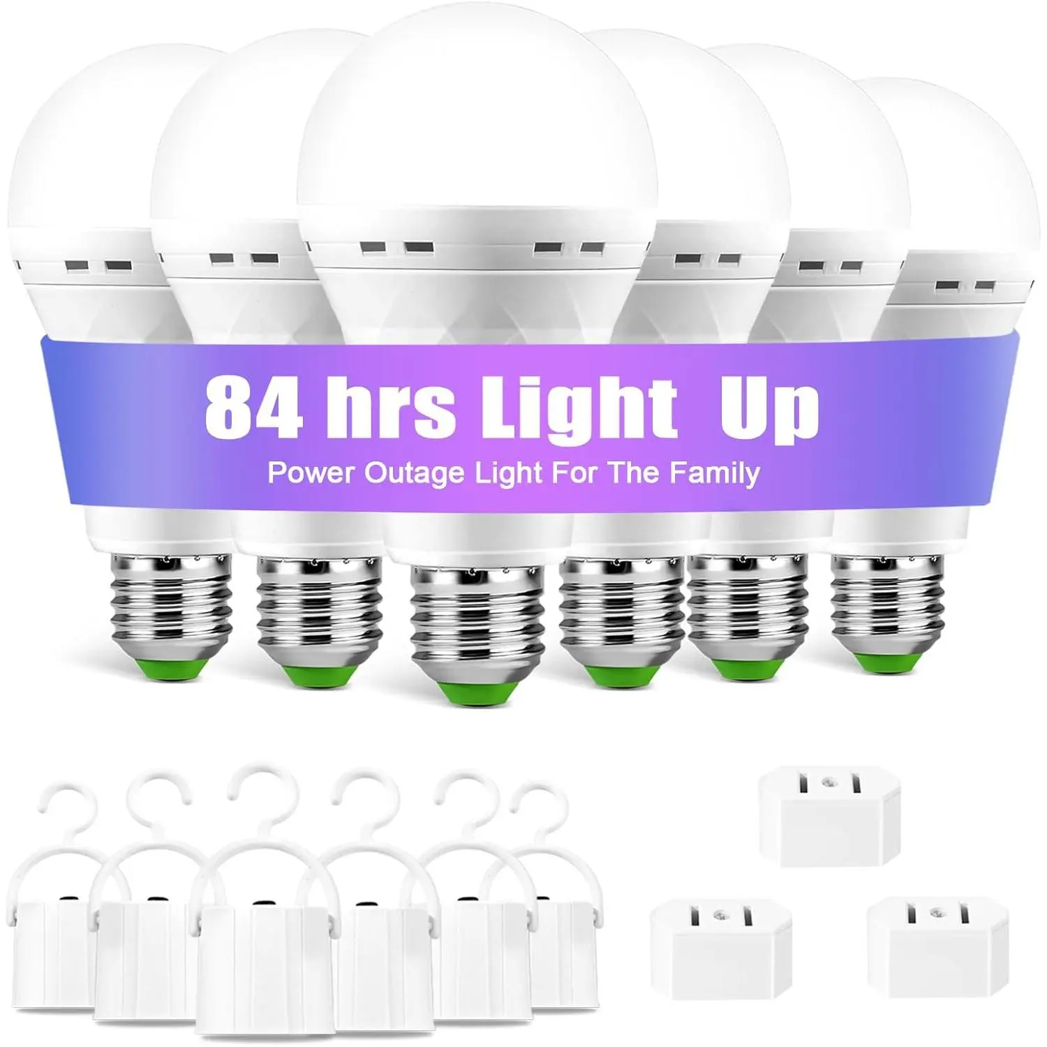 -Rechargeable-Light-Bulb, Stay Lights Up When Power Failure, 1500mAh 12W 60W Equivalent LED Light Bulbs for Home, Camping, Hiking (E27, with Hook,with Plug Cap) 6 Pack