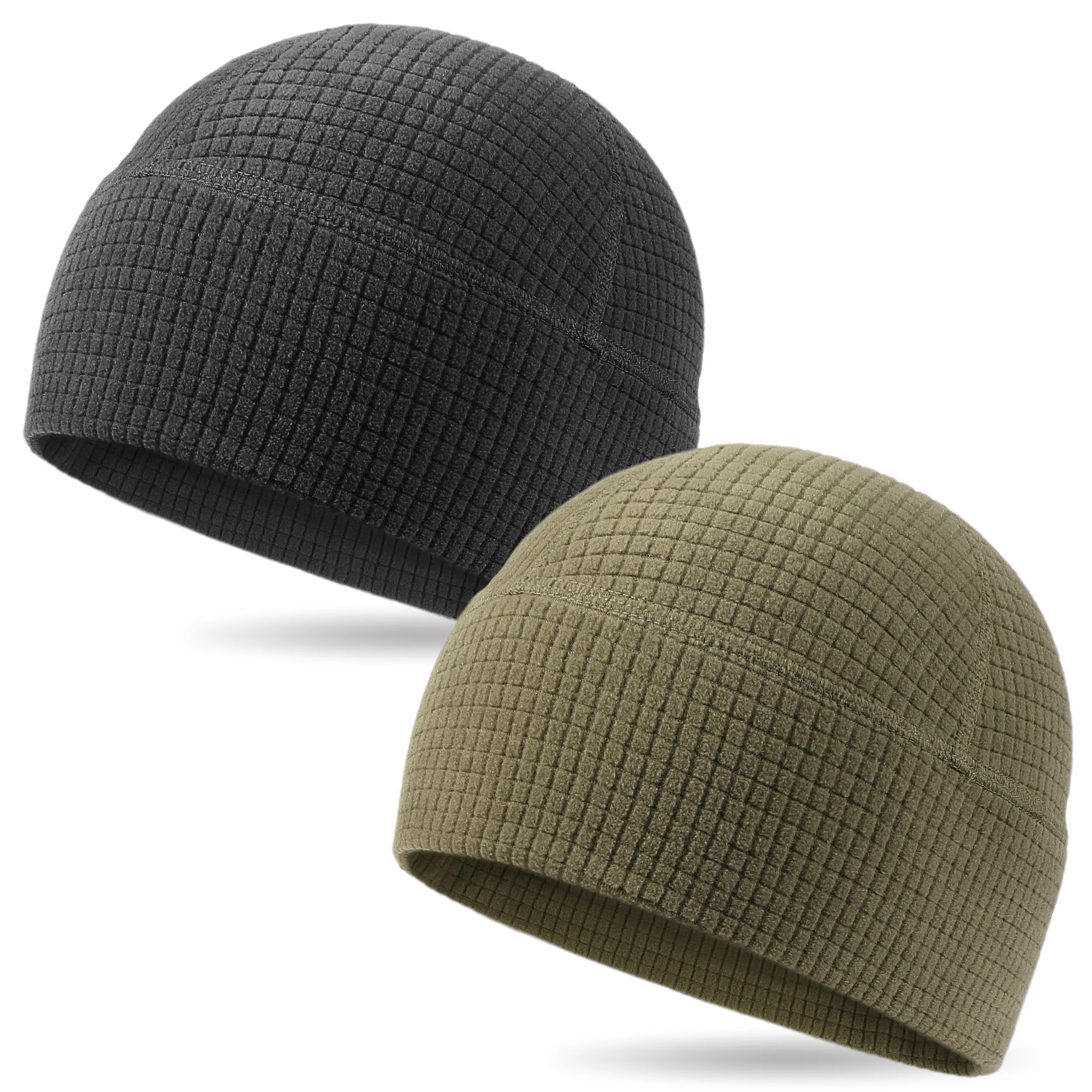 2-Pack Tactical Grid Fleece Beanies for Men & Women, Lightweight Stretch Skull Caps, Moisture-Wicking Quick-Dry Outdoor Hats for Hunting, Hiking, Camping, Running, and Everyday Wear