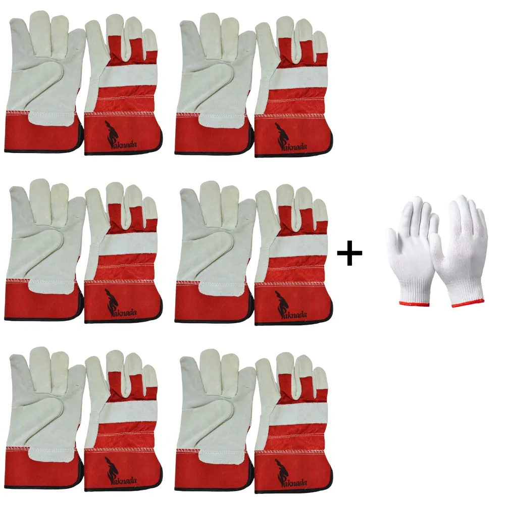 6 Pairs of Cowhide Leather Work Gloves with Full Leather Palms and Safety Cuffs for Construction, Farming, Gardening, Warehouse and DIY Use
