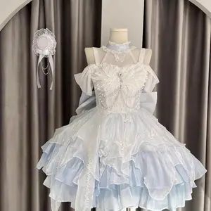 Sweet Lolita Y2k Mini Summer Dresses Women Kawaii Lace Patchwork Short Sleeve Bandage French Vintage Short Party Dress Female