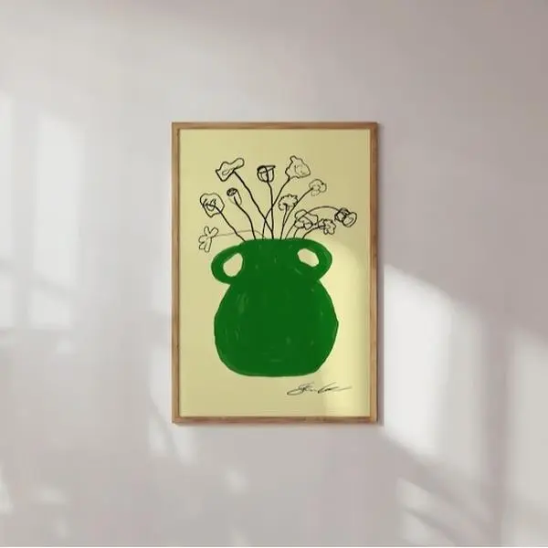 Green Vase Floral Poster, Print Retro Botanical Wall Art
