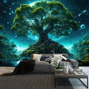 Tree of Life Wall Tapestry – Celestial Nature Scene Art on Peach Skin Fabric – Easy-to-Hang Polyester Decor for Bedroom, Living Room, Office