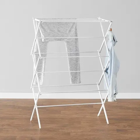 Heavy-Duty Foldable Portable Garment Rack - White Chrome Sleek Look, Durable Metal Frame, Compact, Easy to Move, Efficient Air Drying, Space-Saving Fold Drying Rack for Indoor/Outdoor Home Use