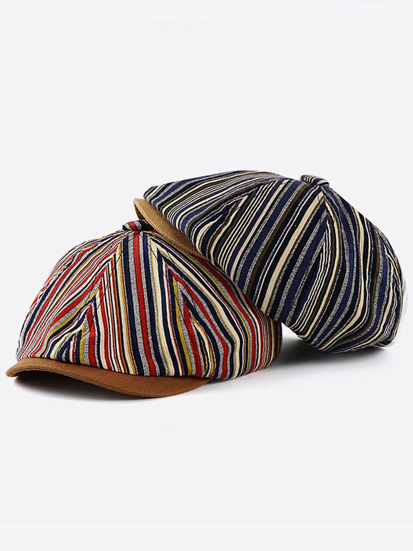 Vintage Striped Octagonal Cap - Casual Short Brim Hat for Men, Brown with Colorful Stripes, Perfect for Spring & Autumn, Stylish Paperboy or Painter Hat