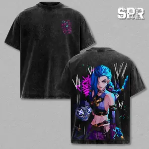 Jinx - Arcane Graphic Tee Vintage Washed Shirt Unisex Streetwear Gaming Merch Powder Jinx Tee LOL T-Shirt Gift for Gaming Lovers Arcane Fans