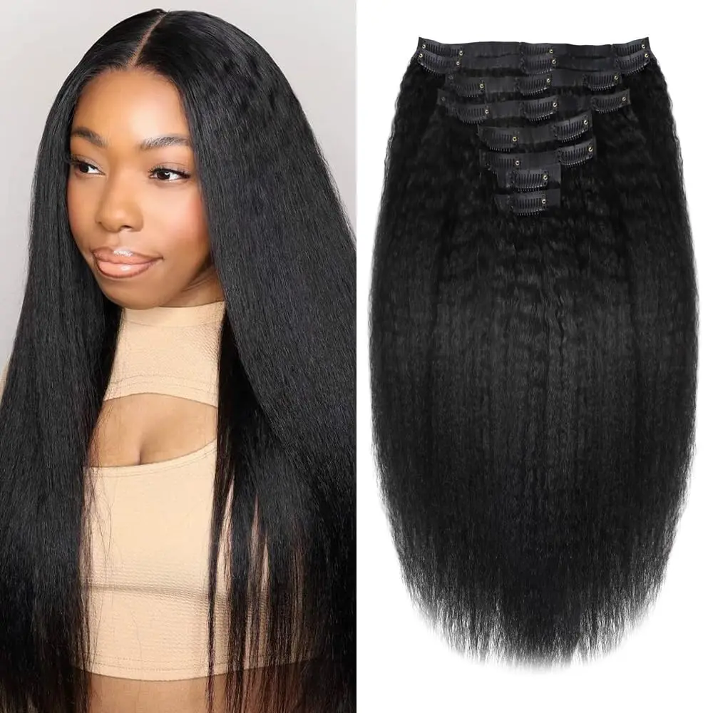 Kinky Straight Clip ins 8Pcs 120g Clip in Hair Extensions Real Human Hair Yaki Straight Clipins for Black Women Full Head Brazilian Remy Hair Extensions