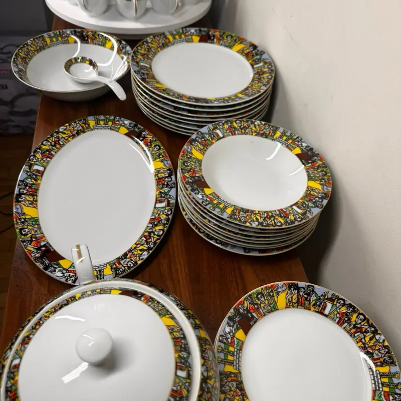 Saba & Tilet 48-Piece Ethiopian-Eritrean Dinner Set, Traditional Habesha Art Tableware with Utensil Spoon, Coffee/Tea Cups, Milk & Sugar Cups, Plates, Soup Plates, Tray, Bowls, Utensils
