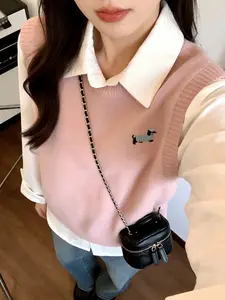 Chic Women's Cartoon Pattern Pullover Vest for Spring and Fall, Casual Fitted Design with Round Neck, Stylish Autumn & Spring Fashion