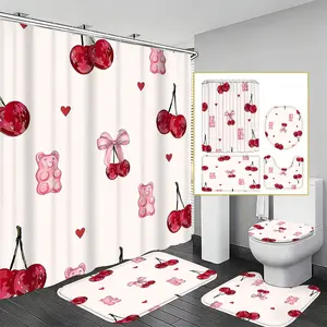 Cherry Soft Candy Shower Curtain Set, Sweet Girl Bathroom Decor, Non-Slip Mat, Toilet Lid Cover, U-Shaped Pad, Waterproof Anti-Mildew