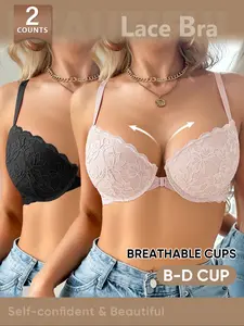 2 Pack Lace Bralette Wireless Full Coverage B-D Cups, Breathable & Stylish, Medium Support, All Seasons, Unlined Fabric