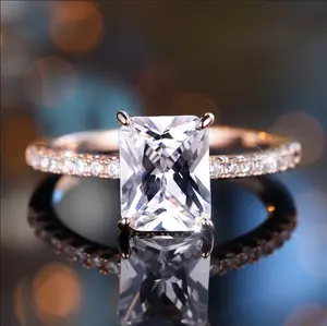 JO WISDOM Jewelry New Rectangular White Diamond Ring with White Diamond Accents Four Prong Setting Affordable Luxury Elegant Design