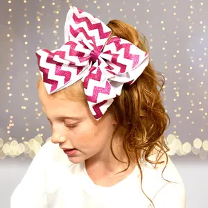 Glitter Chevron Hair Bow, Sparkling Pink & White Geometric Design, 3" Wide Ribbon, 8" Size, Easy Clip-On, Perfect for Festive Outfits