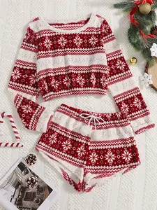 Women's Plaid Cozy Fall Pajama Set with Fluffy Coral Fleece Loungewear Long Sleeve Top and Pom Pom Drawstring Shorts for Winter Sleepwear Soft Coral Fleece Homewear Fashion