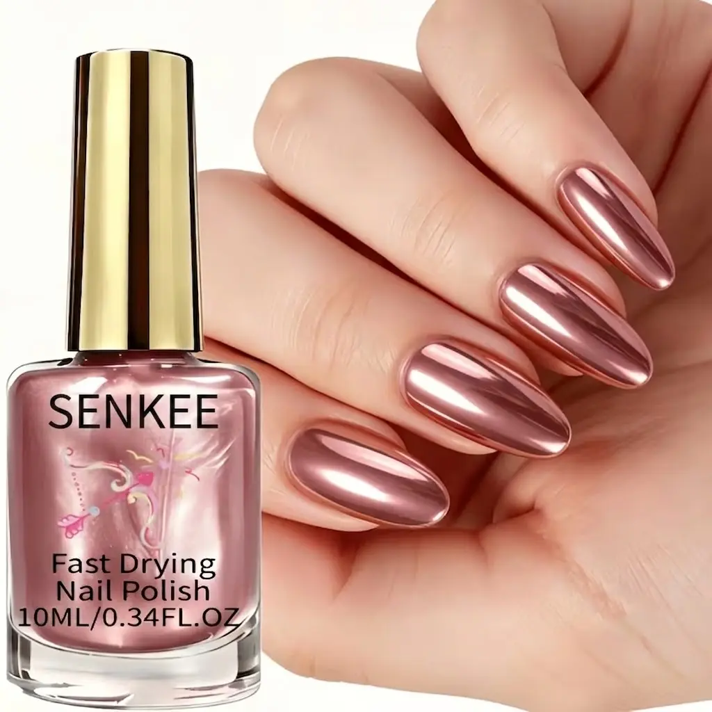 Mirror Champagne Rose Golden Metallic Nail Polish, No-Bake Natural Quick-Dry Formula, Premium Silky Texture, Metallic High-Gloss Effect, Long-Lasting Formula, Natural Reflective Texture, Smooth Application, Attracts The Opposite Sex