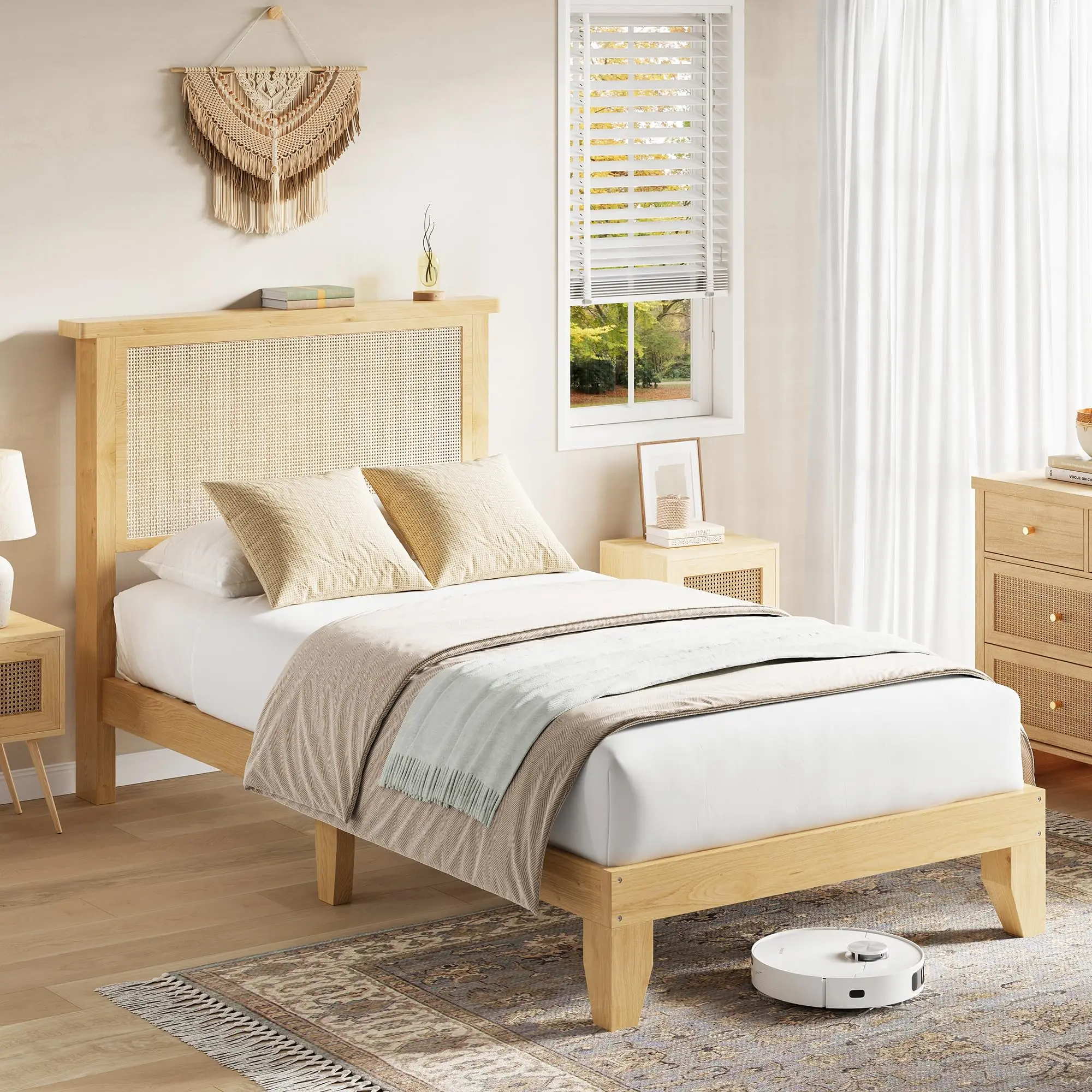 Garvee Twin Rattan Bed Frame, Bohemian Rattan Bed Frame Twin with Natural Headboard, LED Lights, No Box Spring Needed