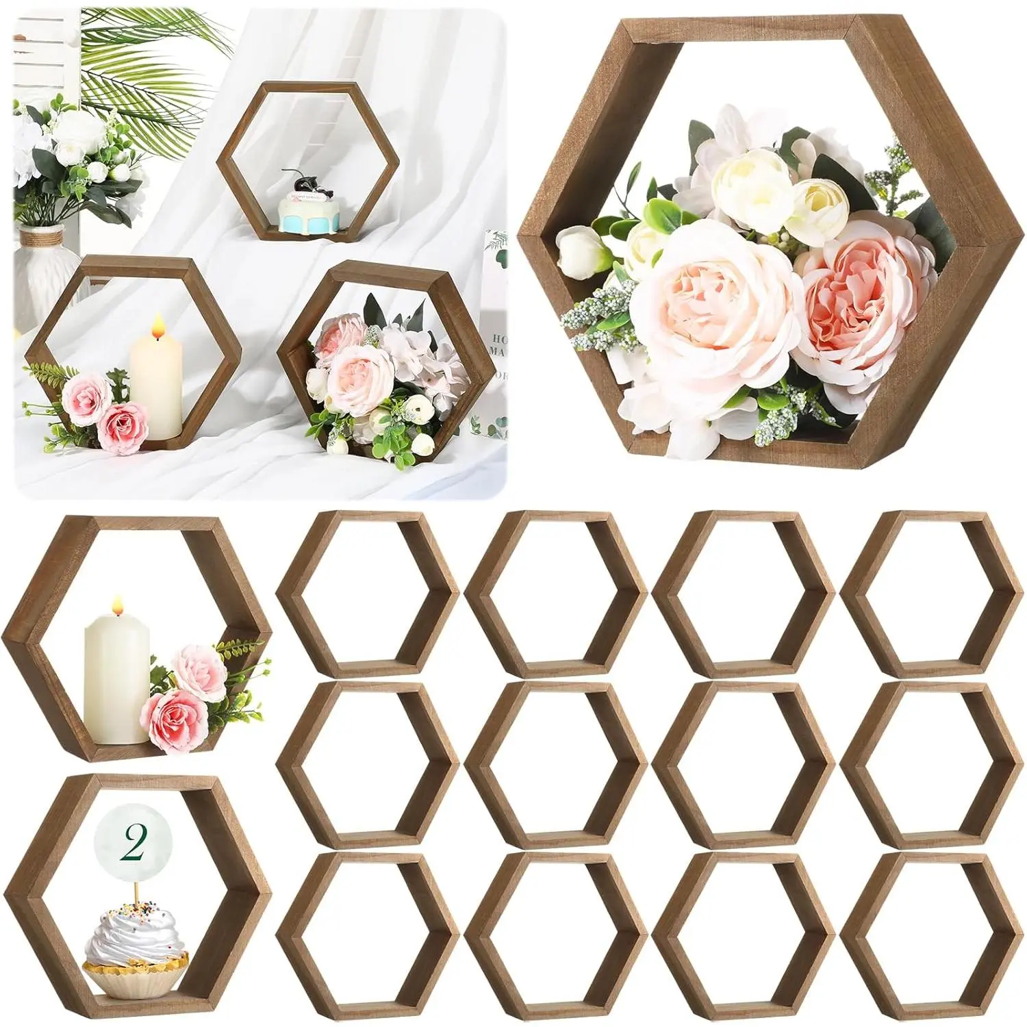 Barydat 12-Piece 8in Hexagon Wood Shelves, Wall-Mounted Door Trinket Storage Shelves, Geometric Home Office Decor & Wedding Table Centerpiece (Brown), Elegant