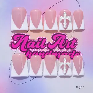 Delicatething Acrylic Fake Nails Set, Y2K Style Duckbill Shape, Handmade Wearable, 4 Sizes XS S M L, Deep V French Nail Art Design, Stylish Acrylic Nails, French Tip Nails