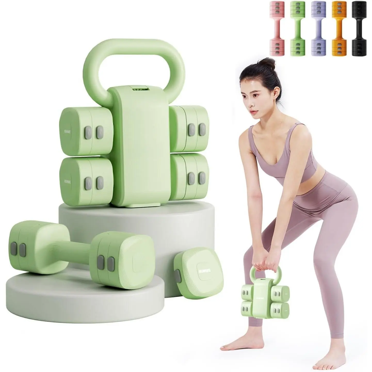 Lightweight Adjustable Dumbbell Kettlebell Set - 4 in 1 Free Weight Set with Kettlebell Grip Converter, Each 2.2 3.3 4.4 5.5lb Quick Change Weight Women Dumbbell Set for Small Spaces  Gym