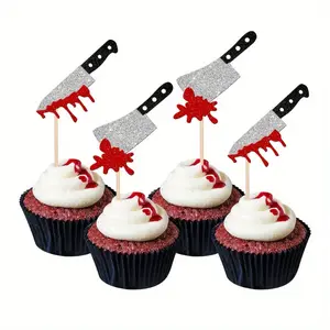 12pcs Horror Halloween Cupcake Toppers Glitter Scary Blood Knife Cupcake Picks for Halloween Theme Have a killer Birthday Party Cake Decorations Supplies for Halloween,Christmas Event & Party Supplies Halloween&Christmas