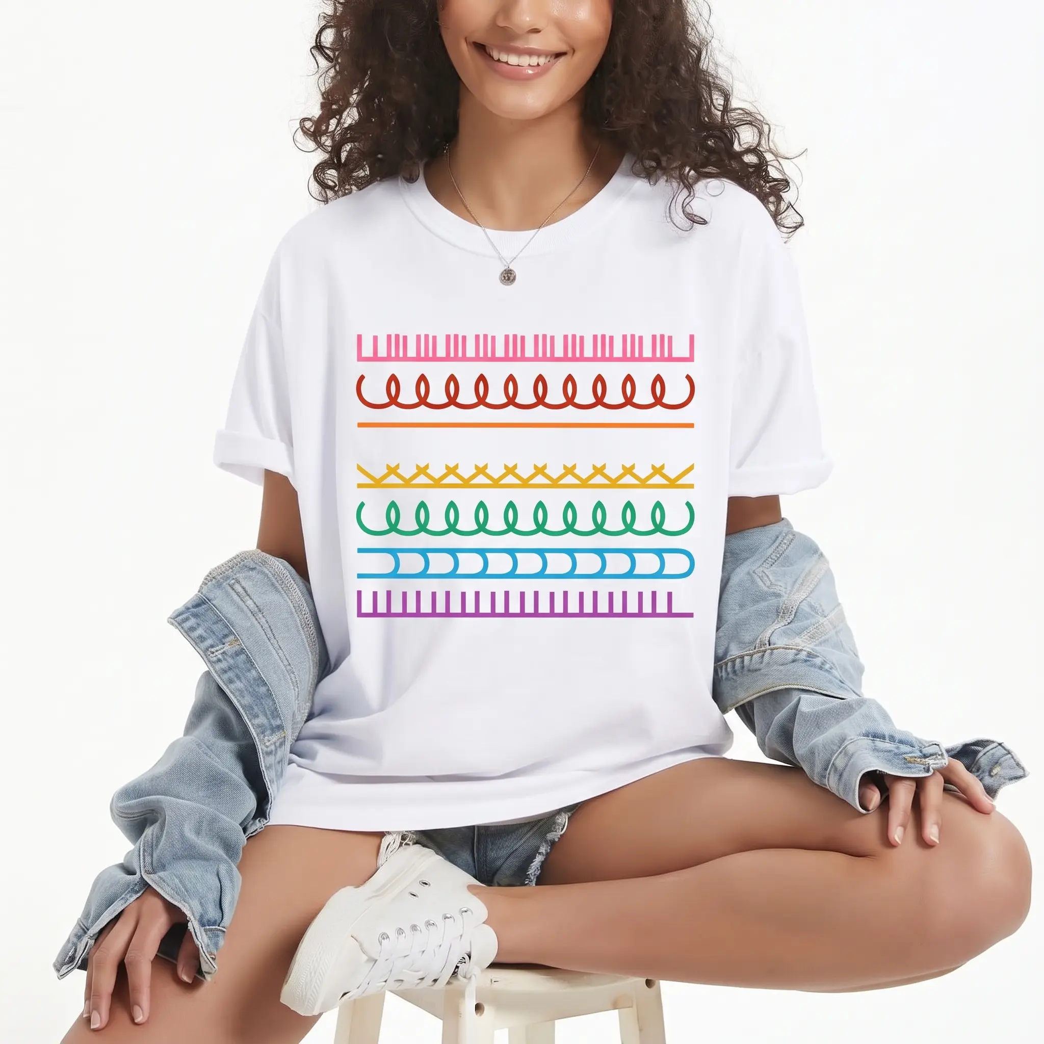 Men's Short-Sleeve Casual Printed Round Neck T-Shirt - Rainbow Macrame Line Strip Minimal Boho Graphic, Pride Pastel Aesthetic, White Crewneck Fabric Top
