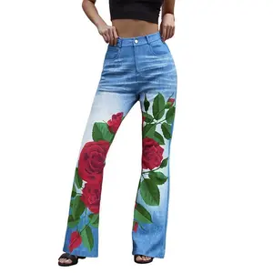 2026 New Year Valentine's Day Jeans For Women,women's Flared Jeans With Pockets Stylish Floral Print Blue Mid-rise CasualFit Denim Pants