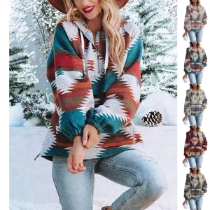 Danedvi Womens Aztec Half Zip Up Hoodies Sweatshirt Casual Long Sleeve Oversized Ethnic Tribal Hooded Pullover Shirt Top