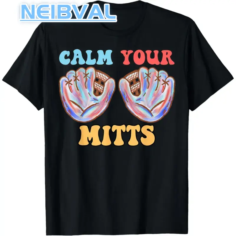 Unisex Retro T-Shirt with Calm Your Mitts Graphic Print, Funny Cotton Short Sleeve Apparel for Baseball Moms and Everyday Wear