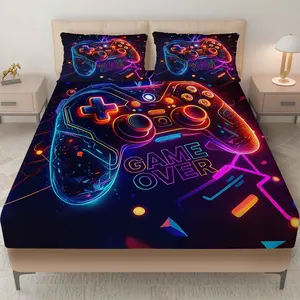 3-Piece Cyberpunk Game Controller Bedding Set (1*Fitted Sheet + 2*Pillowcases, No Core), Christmas Theme, Gaming Bedding Set, Soft and Breathable Mattress Protector, Comfortable Sleep, Modern Gaming Style, Essential for Tech Enthusiasts, Holiday Shopping