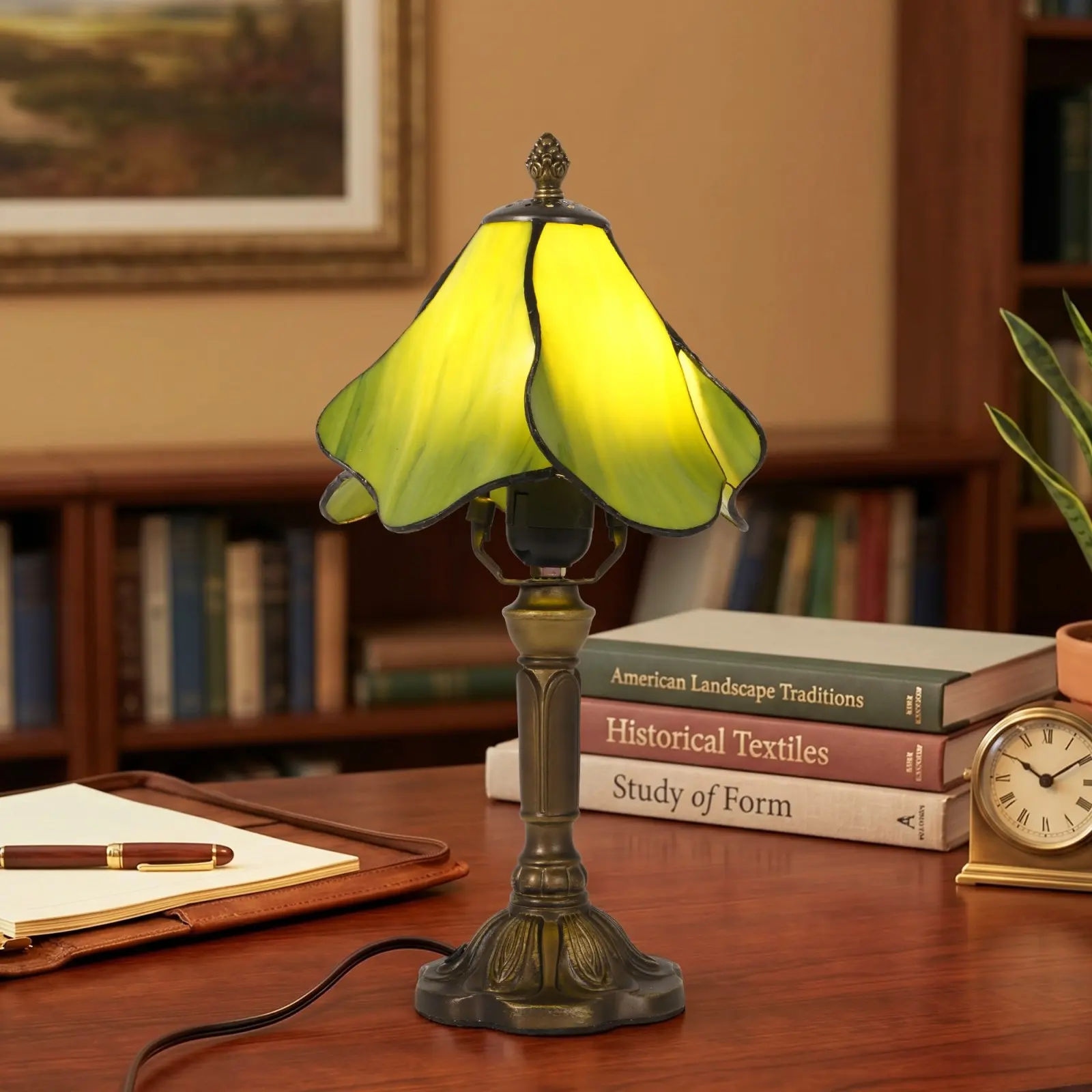 Vintage Green Stained Glass Petal Tiffany Table Lamp, Antique Bronze Tone Carved Base, E26 Plug-In, 59.1 Inch Power Cord, Bulb Included, Classic Decorative Look Reading Night Light for Bedroom Farmhouse Home Decor
