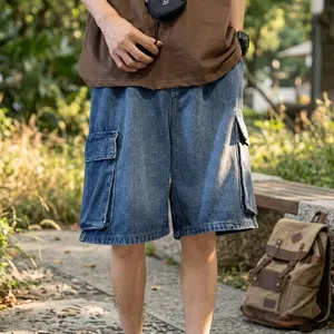 Men's Y2K Denim Cargo Shorts with Elastic Waist - Stretch Bermuda Jean Jorts for Women, Casual Comfortable Streetwear Fashion, Perfect for Summer Daily Wear and Outdoor Activities