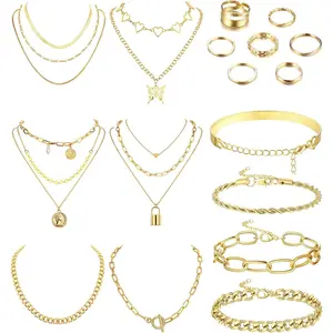 CASSIECA 17Pcs Jewelry Sets for Women Necklaces Chunky Bracelets Knuckle Rings Jewerly Accessories Birthday Christmas Anniversary Day Gifts