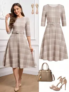 Elegant Floral Women's Dress with Waist Belt, Slim Fit Mid- Sleeve Design, Perfect for Stylish, Comfortable & Chic