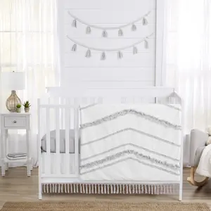 Sweet Jojo Designs Boho Bohemian Baby Boy Girl Nursery Crib Bedding Set - 4 pieces - Grey White Farmhouse Shabby Chic Designer Modern Minimalist Gray Tuft Tufted Tassel Fringe Macrame Cotton Neutral